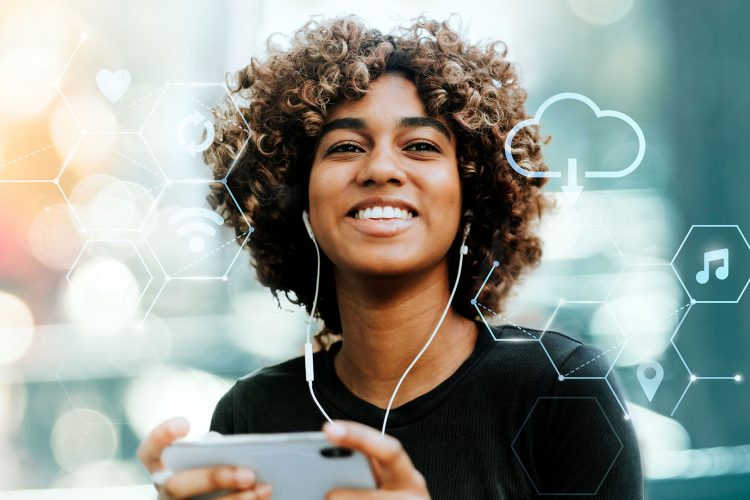 A young woman smiling while using headphones and a smartphone, surrounded by digital icons representing global connectivity and Bylyngo's remote interpreting services.