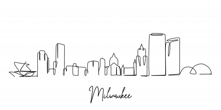 Minimalist black and white line drawing of the City of Milwaukee's skyline, representing the simplicity and clarity of Bylyngo's interpreting and translation services.