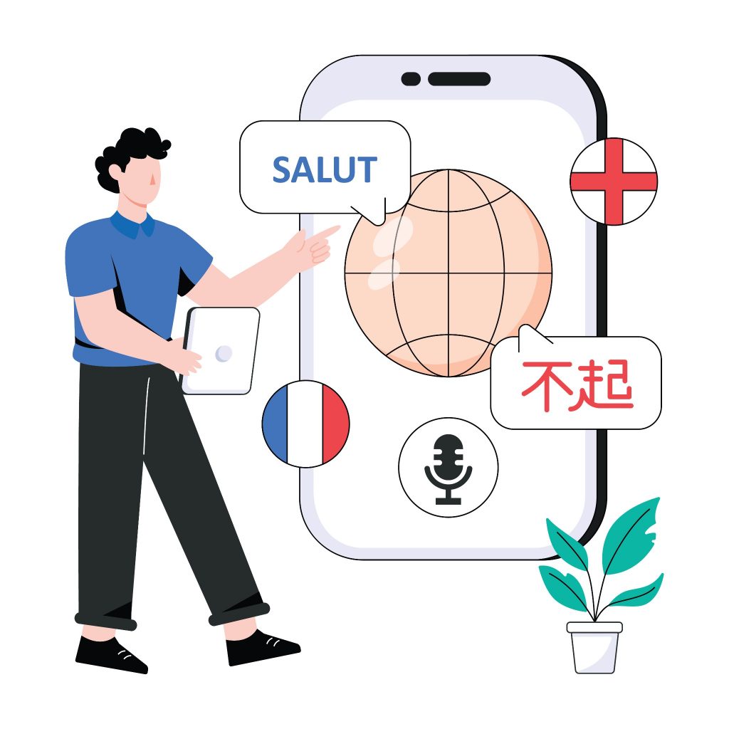 An illustration of a man pointing to a speech bubble saying 'SALUT' from a large smartphone, with icons representing global communication and translation services by Bylyngo