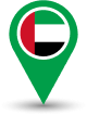 Green location pin icon with the flag of the United Arab Emirates, symbolizing Bylyngo's services for Emirati Arabic language support.