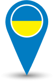 Blue location pin icon with the Ukrainian flag, representing Bylyngo's services for Ukrainian language translation and interpreting