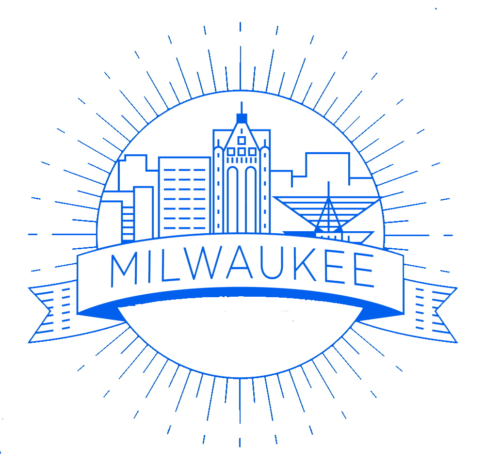 Iconic line art illustration of Milwaukee's skyline enclosed in a circle with radiant lines and 'MILWAUKEE' on a banner, symbolizing Bylyngo's local presence in translation services.