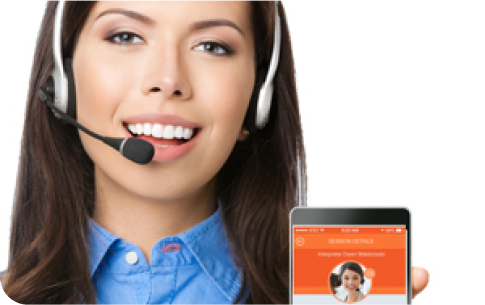 Customer service representative with headset holding a smartphone displaying Bylyngo's live interpreter service.