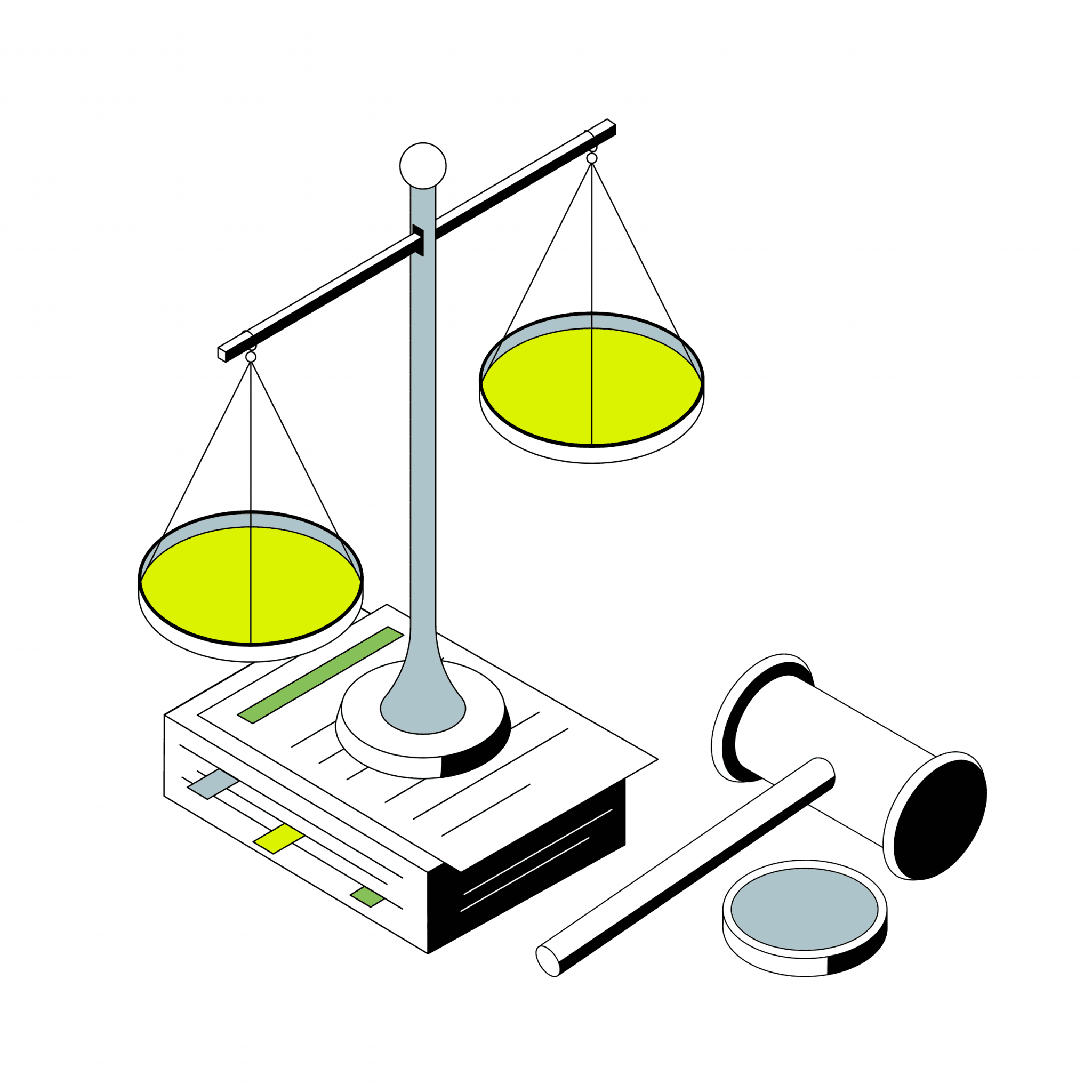 Stylized illustration of legal scales and gavel representing Bylyngo's commitment to precise and equitable legal interpreting services.