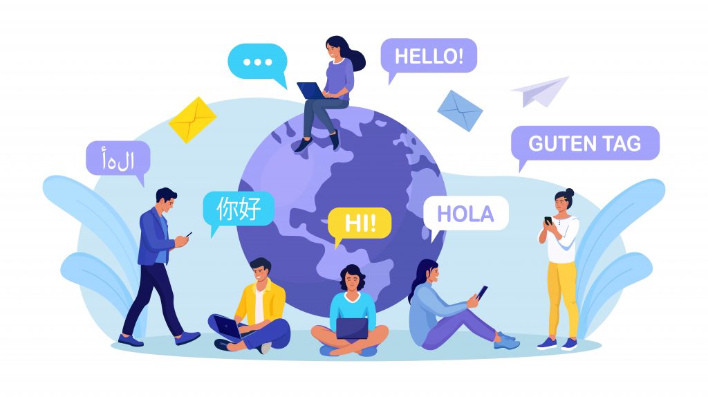 Embark on a Global Conversation with Bylyngo: Our illustration showcases diverse individuals using digital devices around the world, engaging in multilingual communication through speech bubbles.