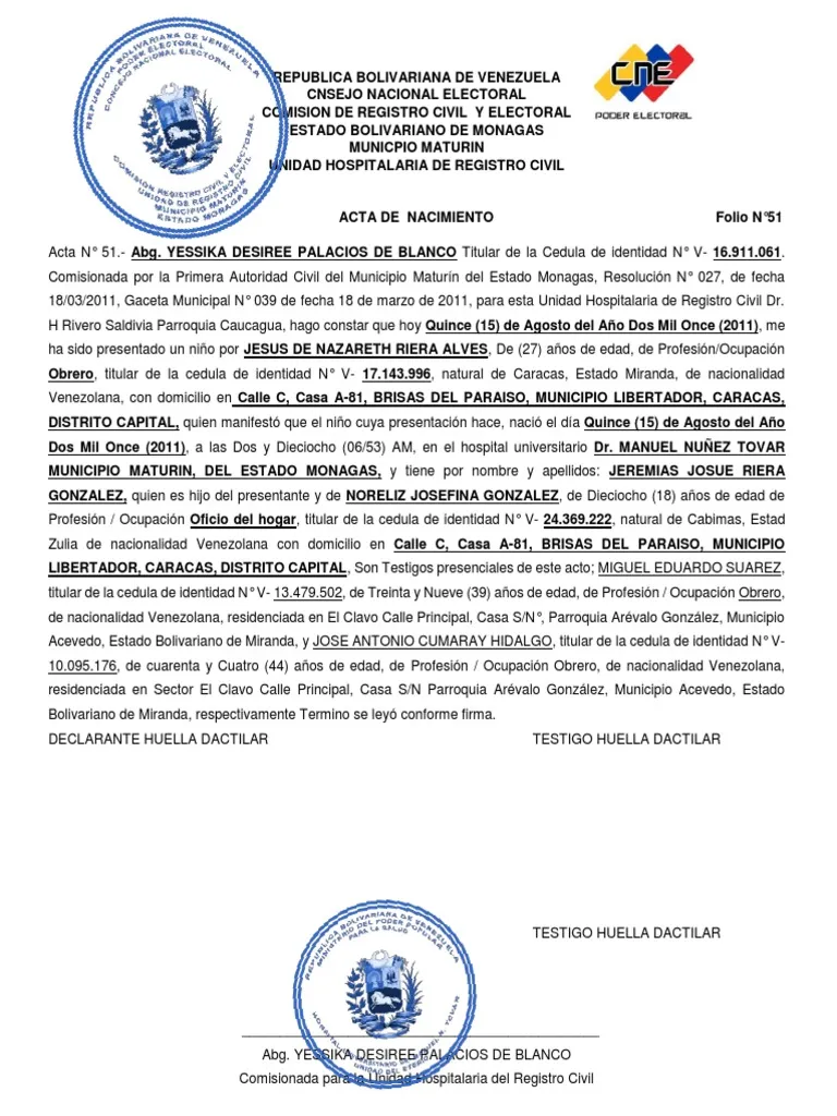 Official Venezuelan birth certificate document, ready for certified translation by Bylyngo to facilitate international legal and administrative processes.