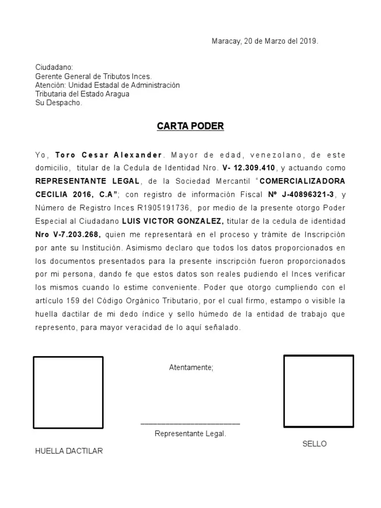 Filled Carta Poder form with legal representations, expertly translated by Bylyngo Interpreting and Translation services, dated 20th March 2019.