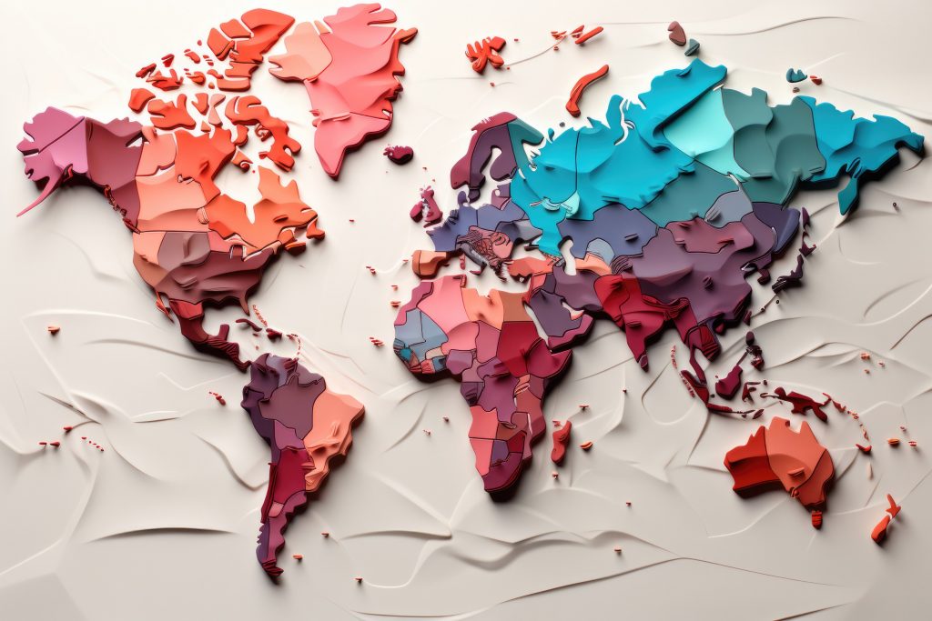 Stylized 3D world map highlighting global connectivity, symbolizing Bylyngo's comprehensive translation and interpreting services across continents.