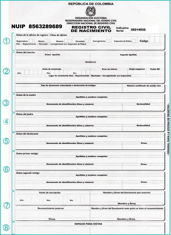 Blank Colombian birth certificate form, showcasing Bylyngo's expertise in translating official documents from Colombia.
