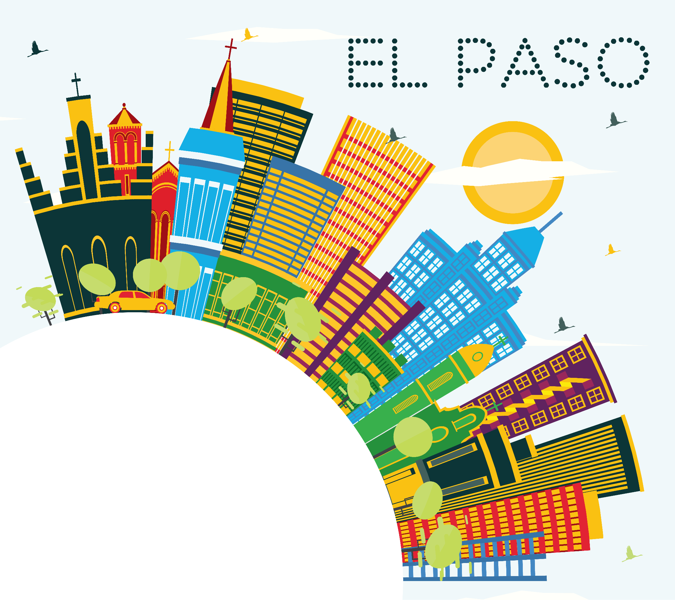 Circular depiction of the El Paso, Texas skyline.