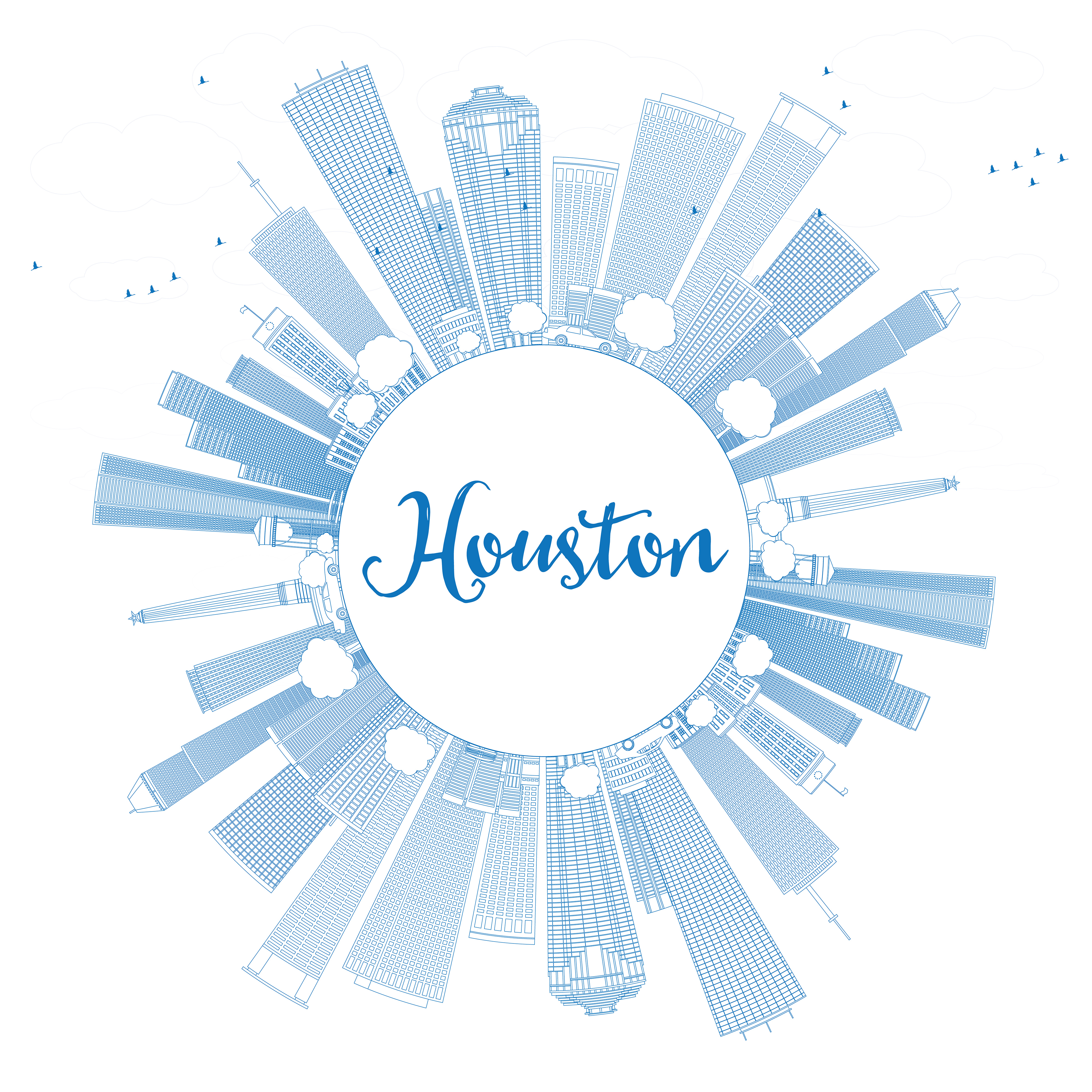 Circular depiction of the Houston, Texas city skyline.