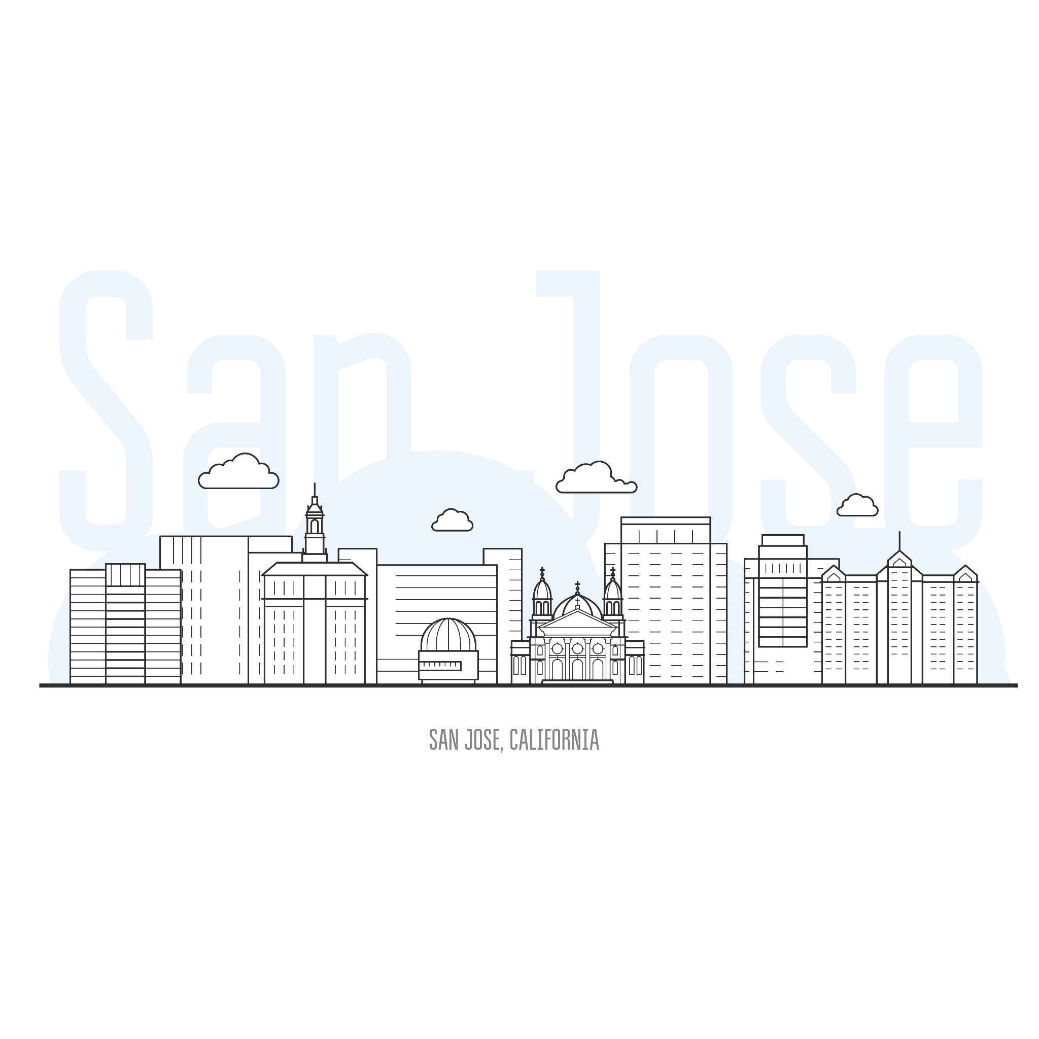 Silhouette of the San Jose, California skyline against a sunset backdrop.