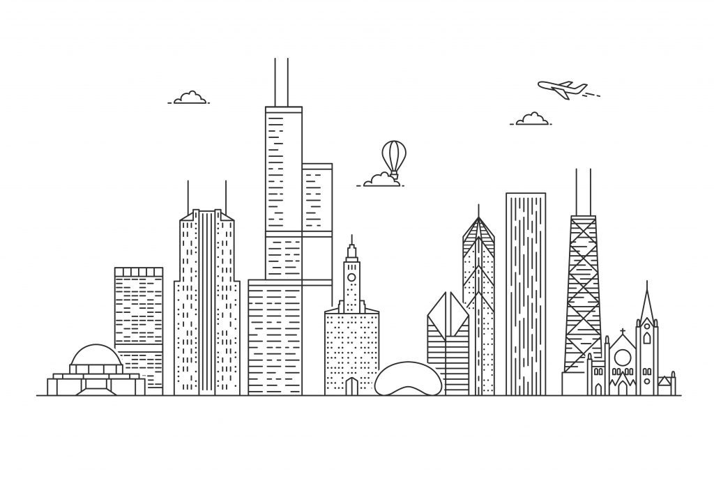 Linear depiction of the Chicago city skyline.