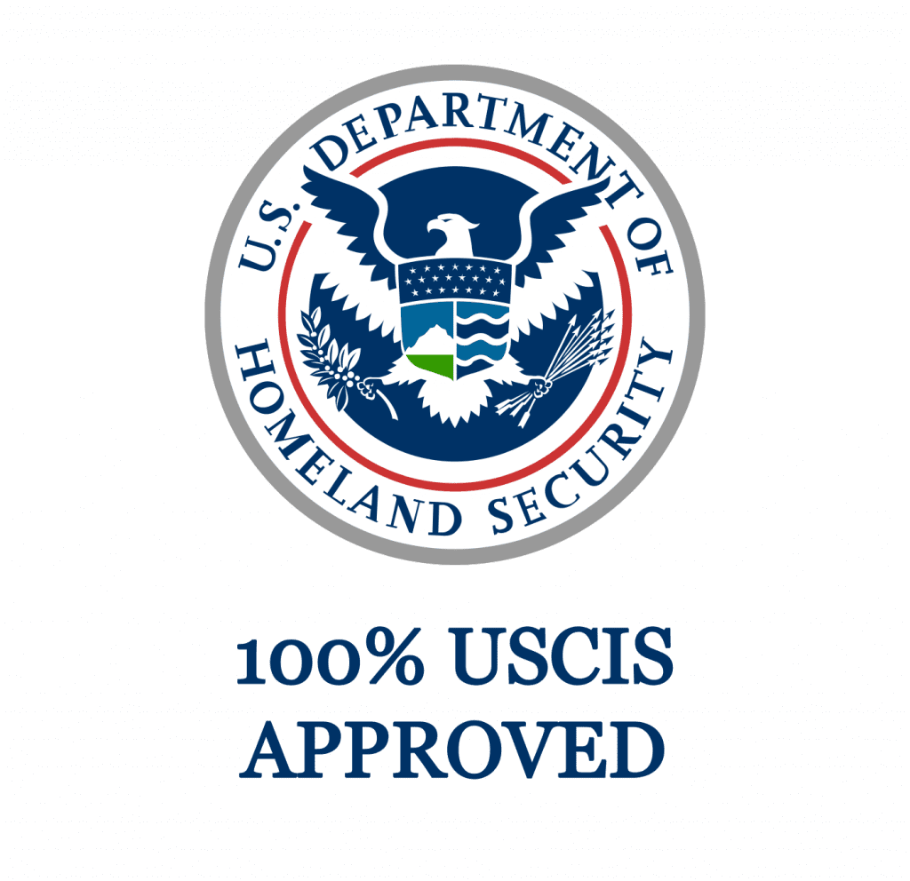 The emblem of the U.S. Department of Homeland Security with the text '100% USCIS Approved' indicating Bylyngo's certified translation services meet federal standards.