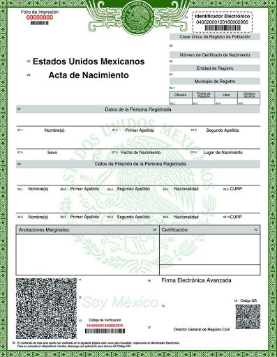 Official Mexican birth certificate sample, highlighting the green and white design with security features, ready for professional translation by Bylyngo Interpreting and Translation Services.